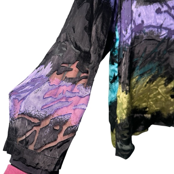 Mirasol Silk Blouse Velvet Burnout Button Down Large Multicolor Abstract Grunge - Picture 7 of 10